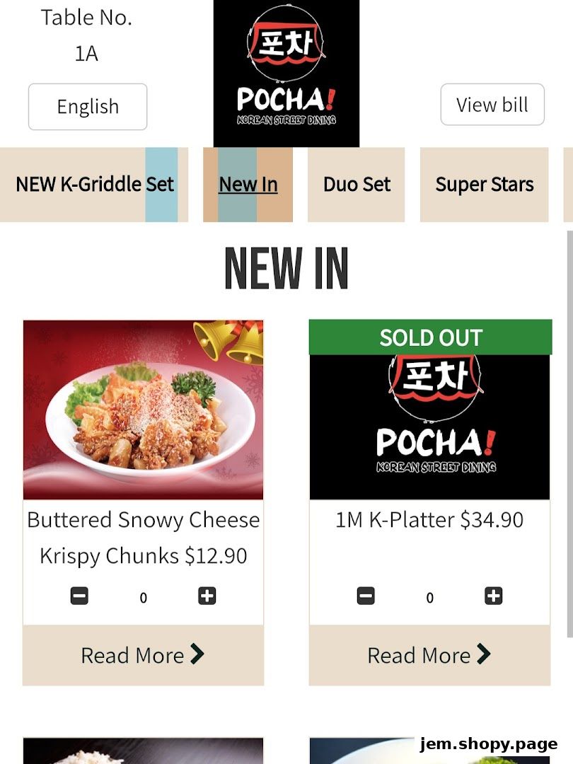 A digital menu for POCHA! Korean Street Dining, showcasing new items and sets.