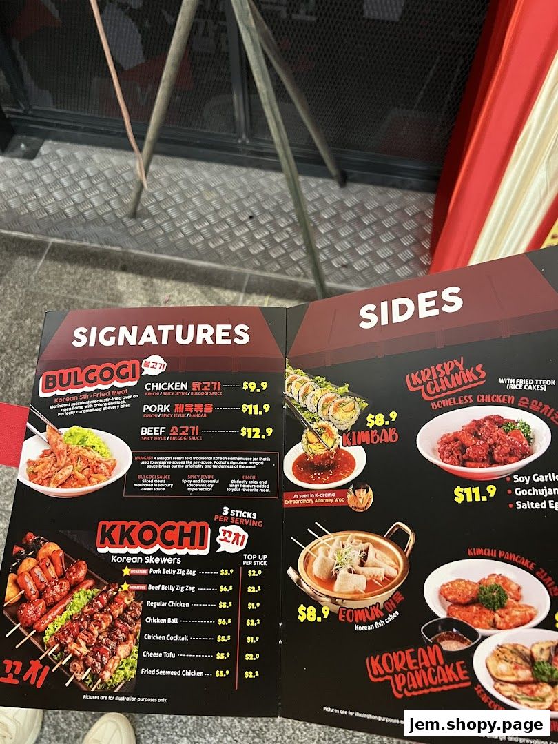 A menu for POCHA! Korean Street Dining featuring signatures, skewers, and sides.