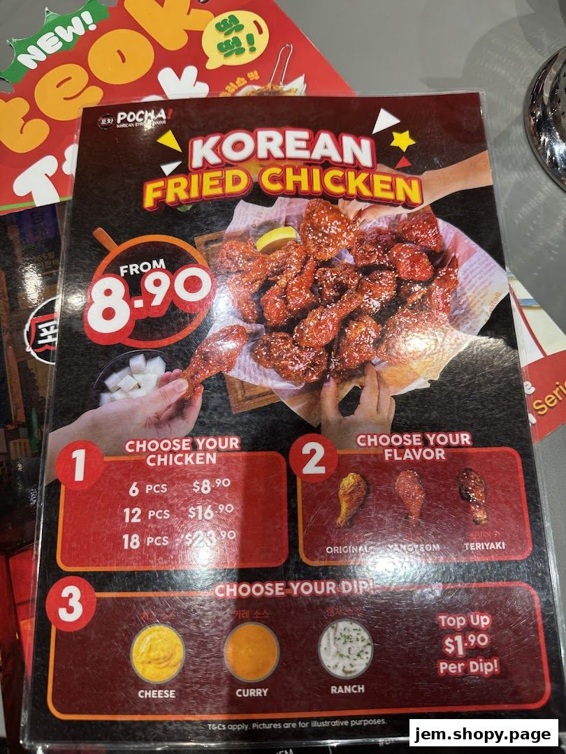 A menu for Korean Fried Chicken from POCHA! Korean Street Dining.