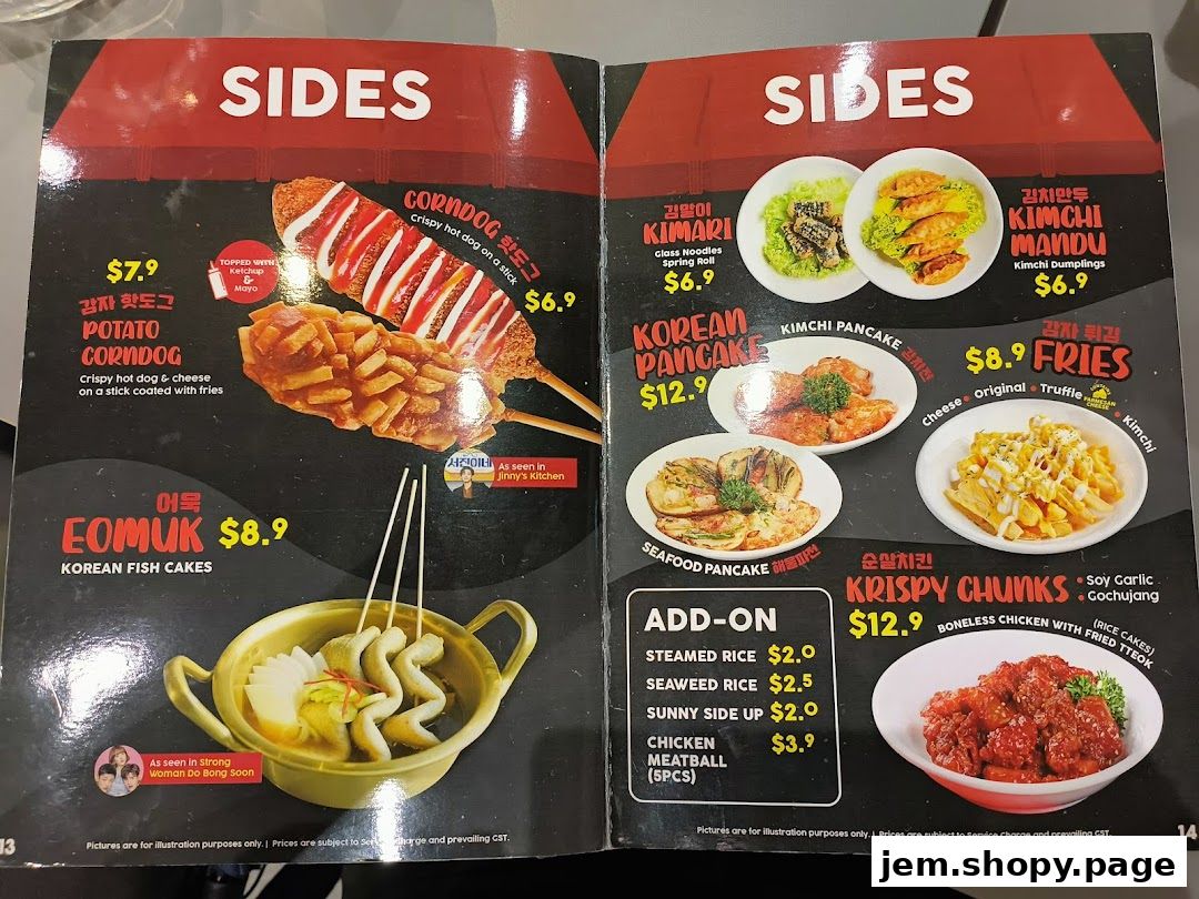 A menu page showcasing Korean street food sides like corndogs, fish cakes, and fried items.