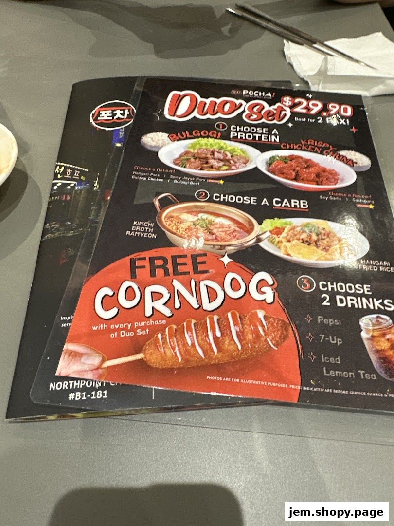 A menu for POCHA! Korean Street Dining featuring a Duo Set with free corndog.