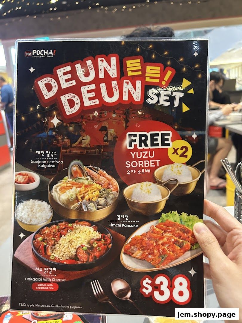 A menu for POCHA! Korean Street Dining featuring a Deun Deun Set.