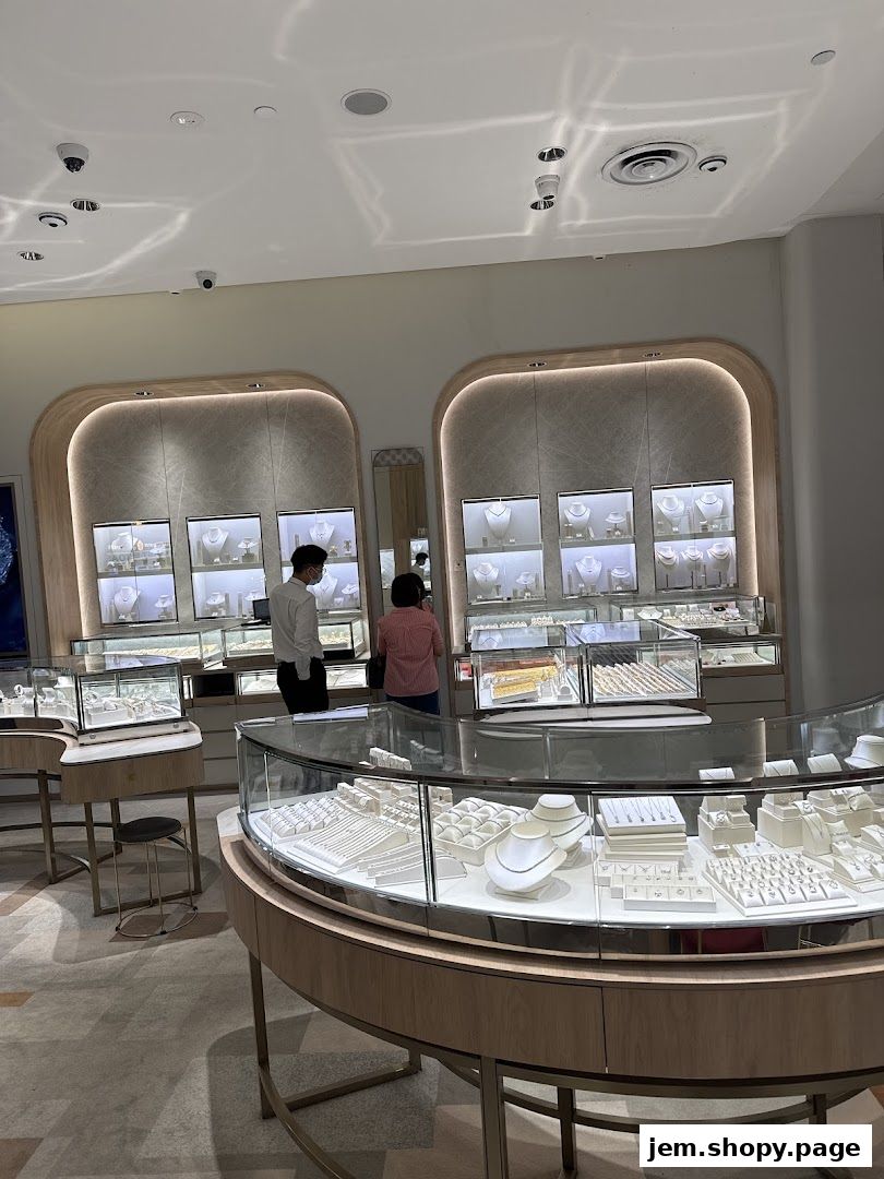 Interior of a jewelry store with display cases filled with necklaces and rings.