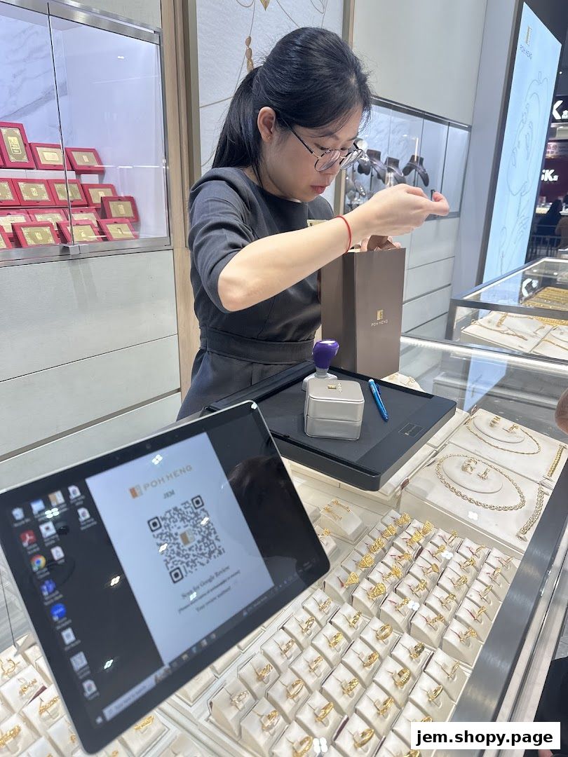 A sales associate assists a customer at Poh Heng Jewellery, showcasing rings and gold bars.