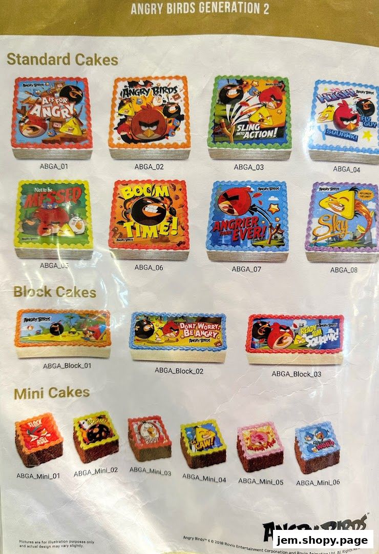 A catalog of Angry Birds themed cakes, including standard, block, and mini sizes.