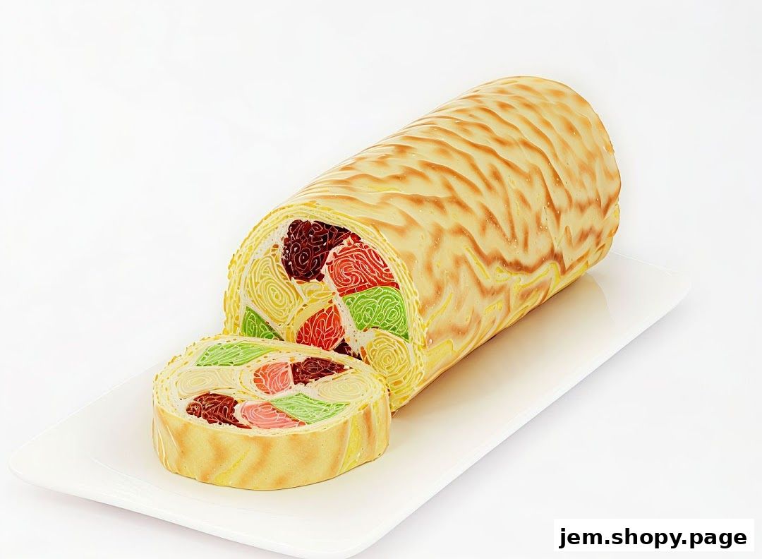 A colorful, swirled cake roll with a slice cut off, presented on a white plate.