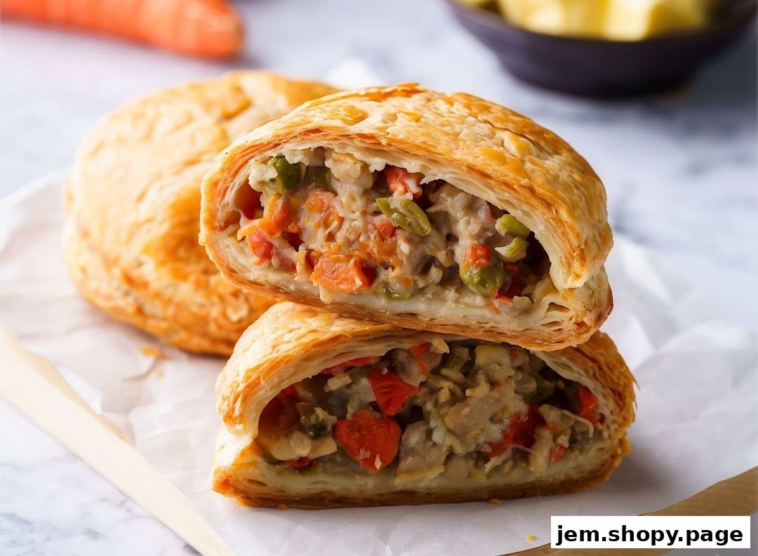 A close-up shot of a savory pastry, cut in half to reveal a hearty filling.