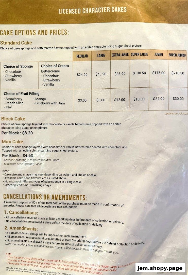 A price list for licensed character cakes with options for sponge, cream, and fruit filling.
