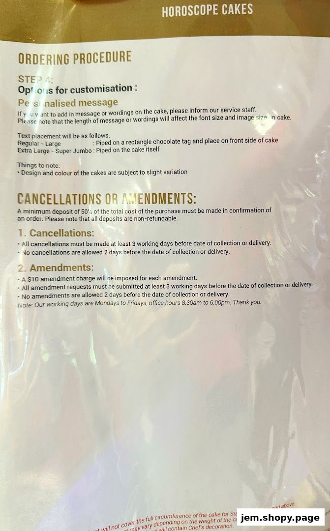 A document detailing ordering procedures, customization options, and cancellation policies for cakes.