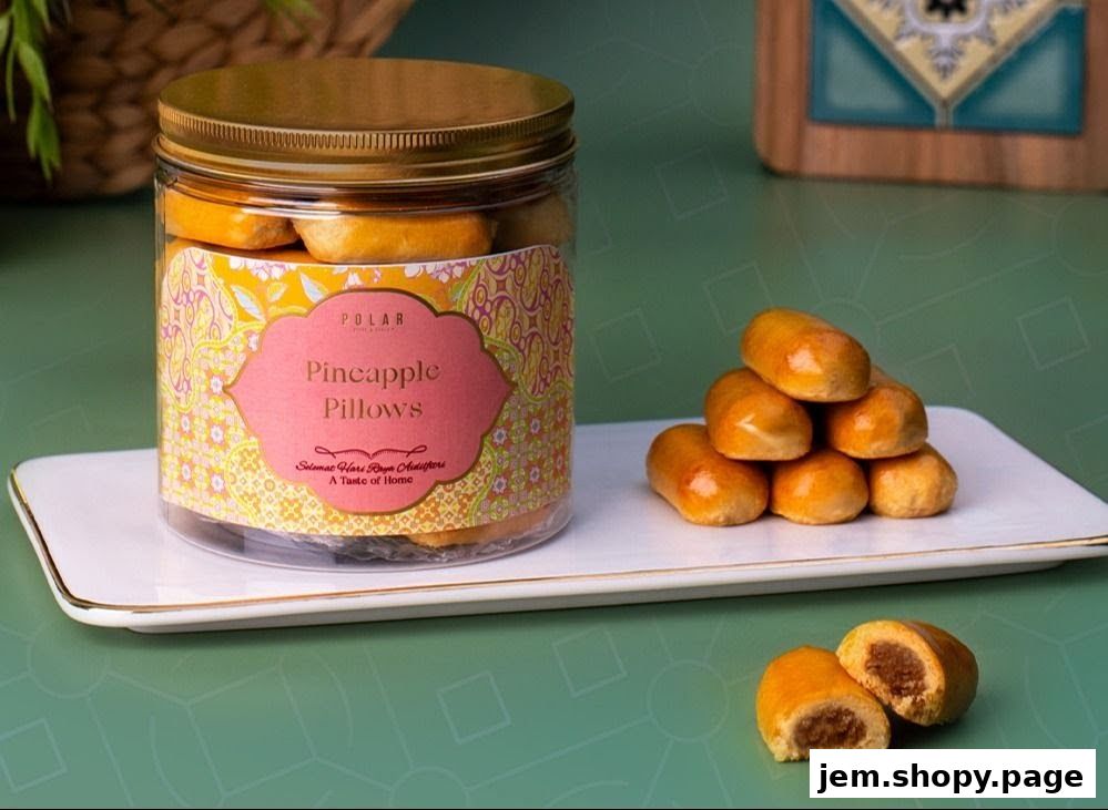 A jar of Polar Pineapple Pillows cookies and a stack of cookies on a white plate.