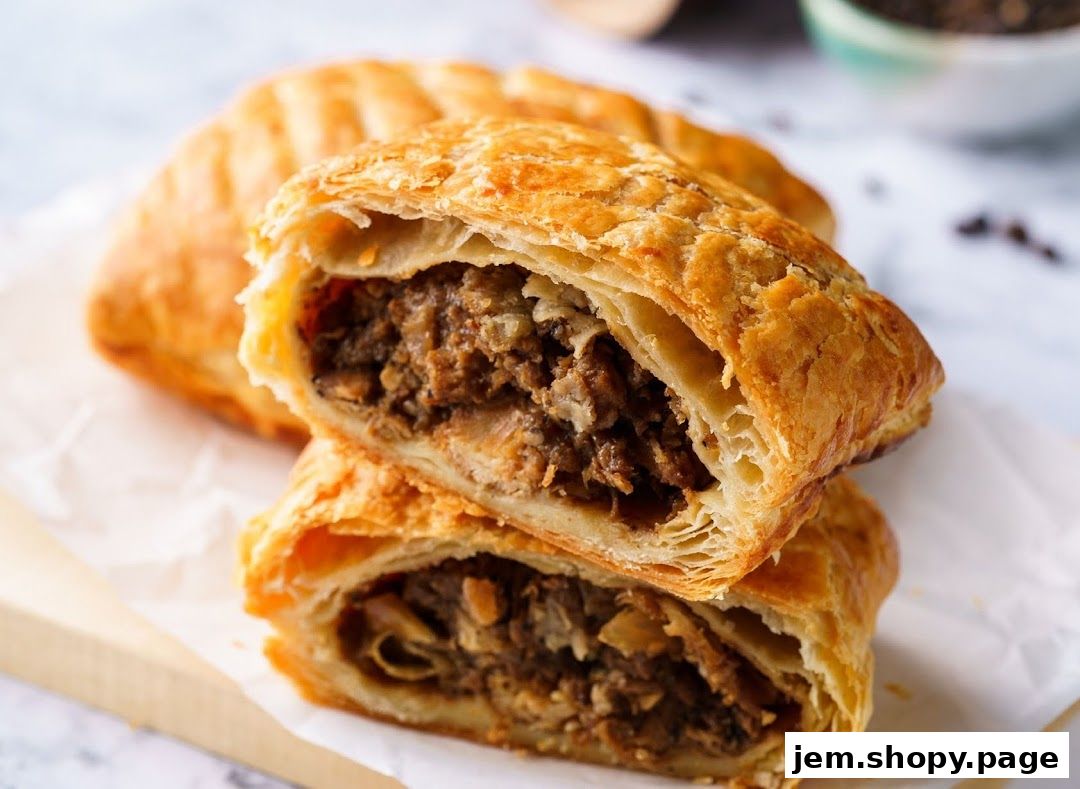 A close-up shot of a savory pastry, cut in half to reveal a rich filling.