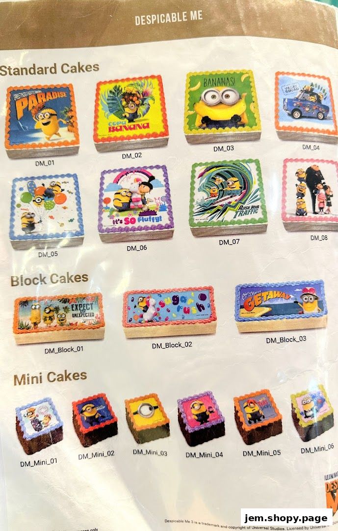 A catalog of Despicable Me themed cakes, including standard, block, and mini sizes.