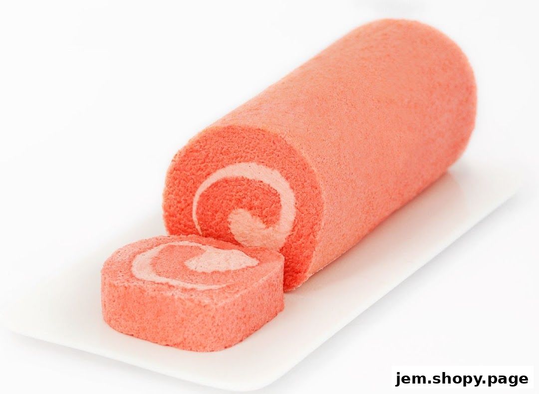 A delicious pink swiss roll cake with cream filling on a white plate.