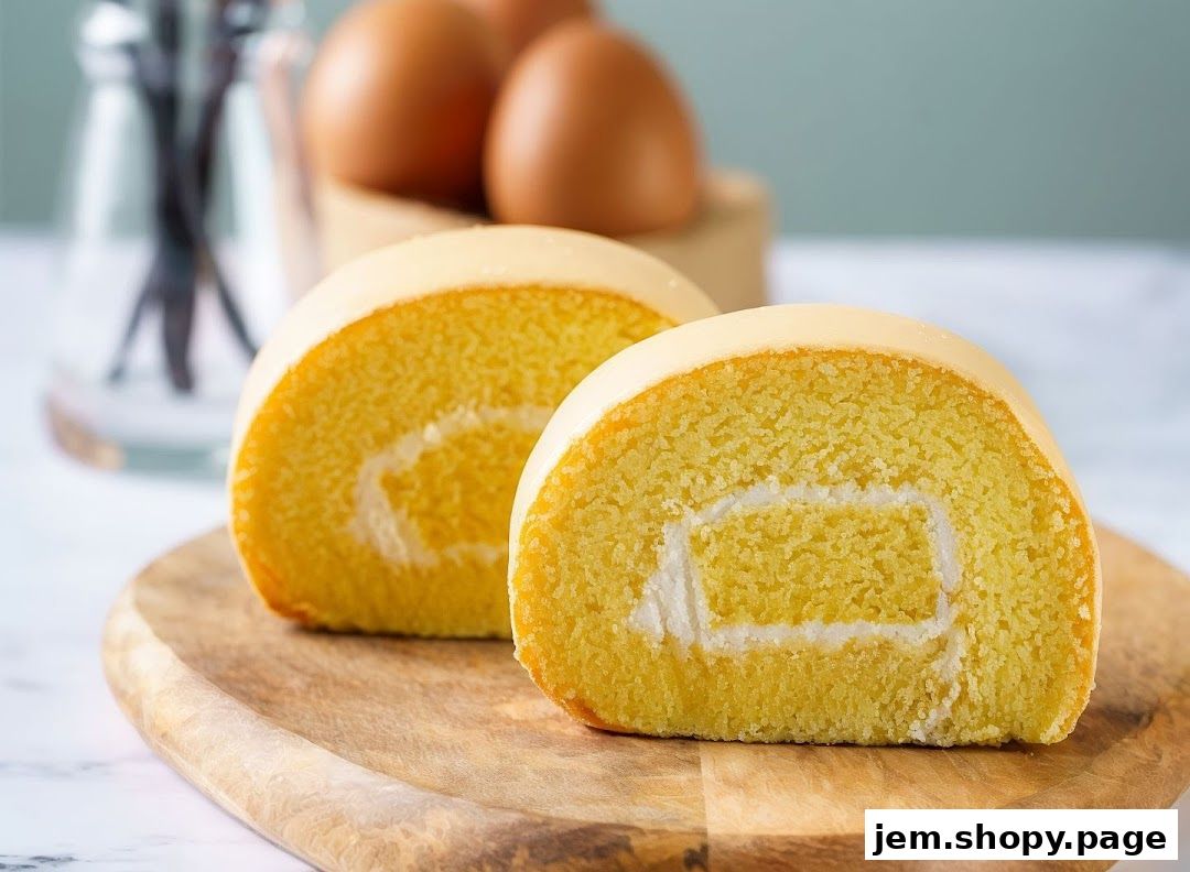 Two slices of Swiss roll cake with cream filling on a wooden board, with eggs and vanilla beans in the background.