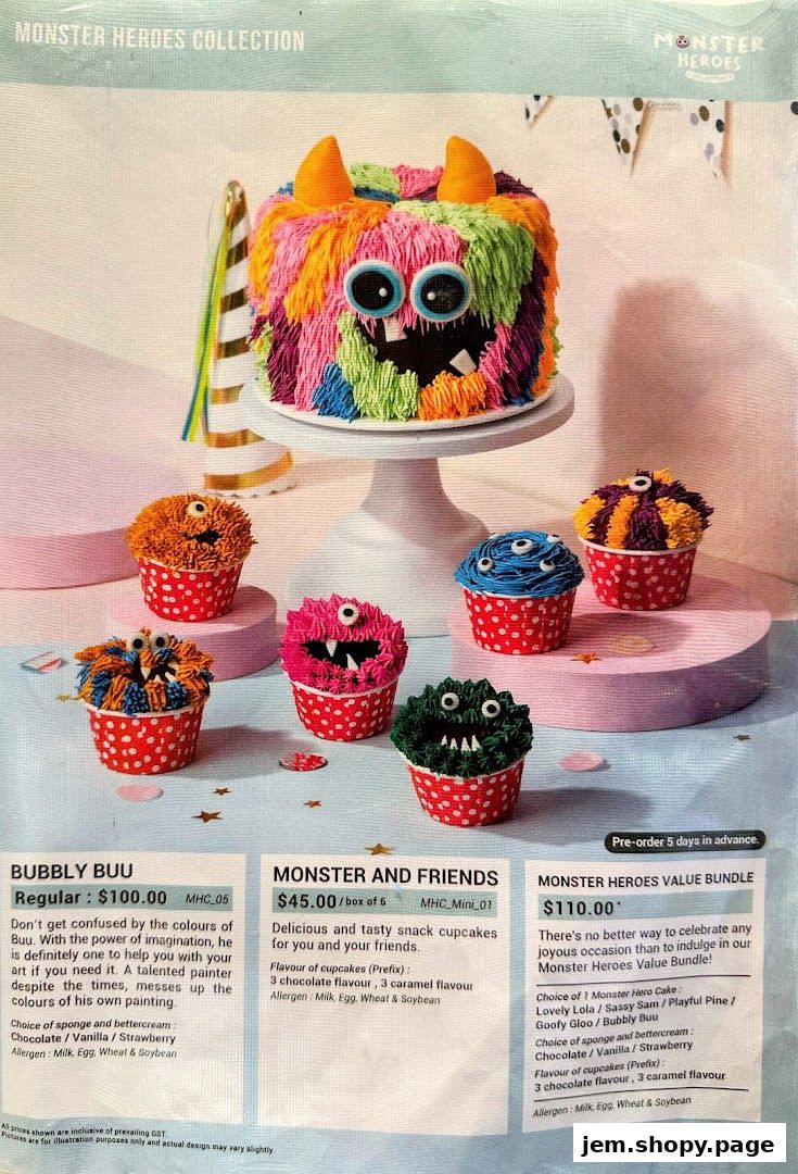 A collection of monster-themed cakes and cupcakes with detailed descriptions and prices.