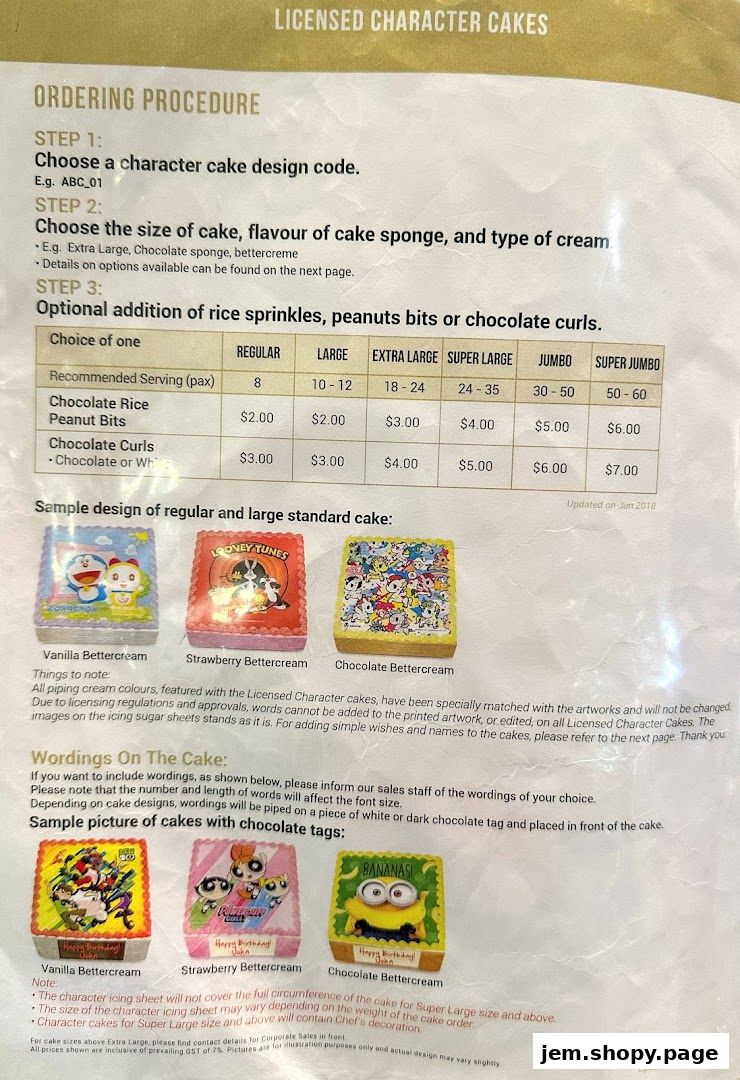 A menu detailing ordering procedures and pricing for licensed character cakes.