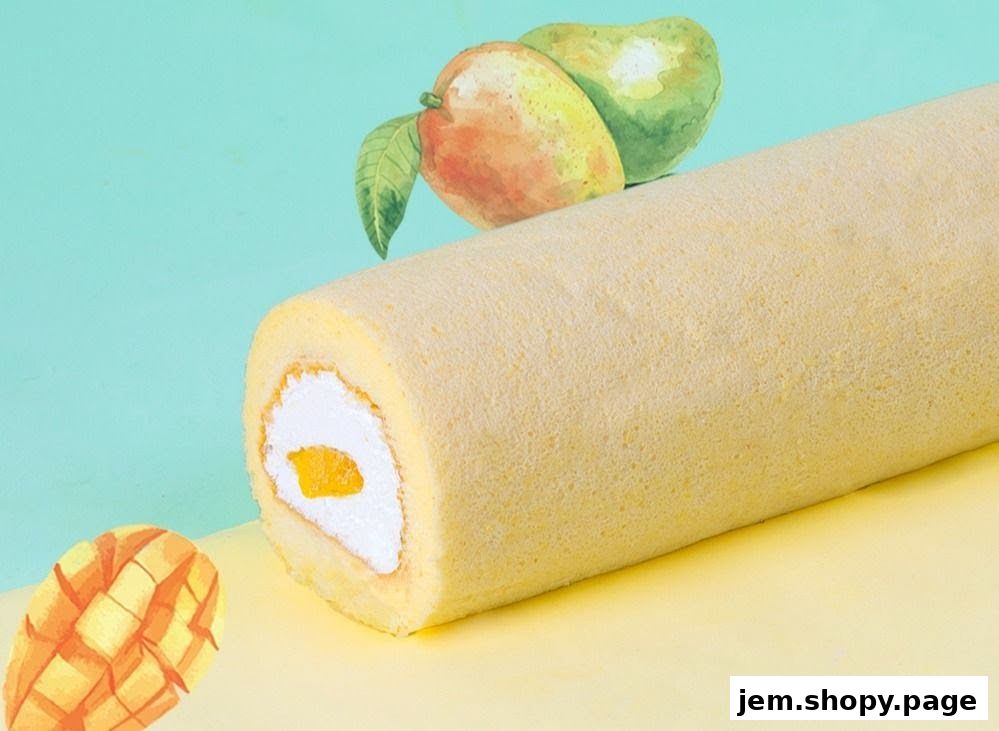 A close-up of a mango swiss roll cake with watercolor mango illustrations.