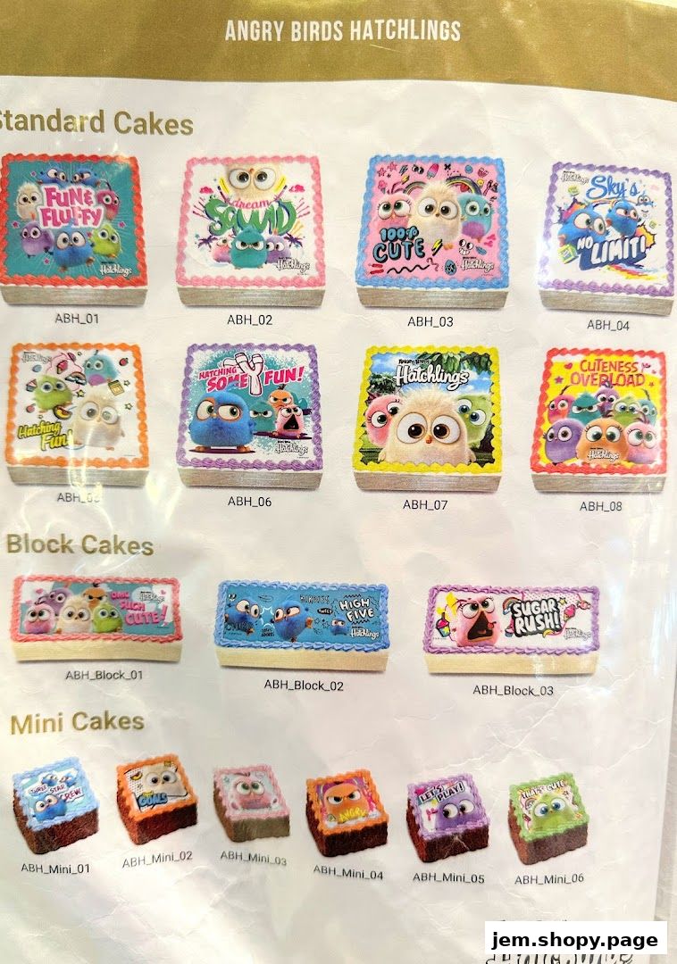 A catalog of Angry Birds Hatchlings themed cakes in various sizes and designs.