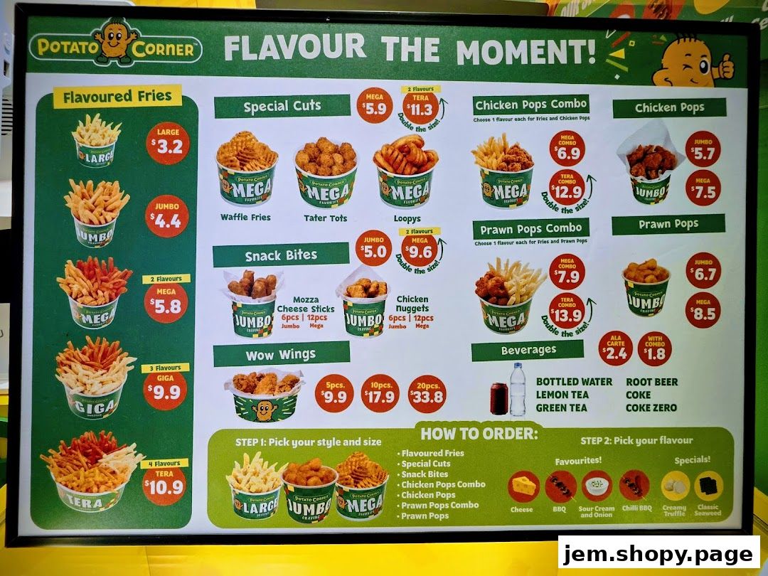 A menu board for Potato Corner featuring flavored fries, chicken pops, and prawn pops.