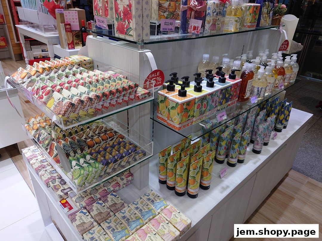 Display shelves filled with soaps, lotions, and gift items with fruit and floral designs.