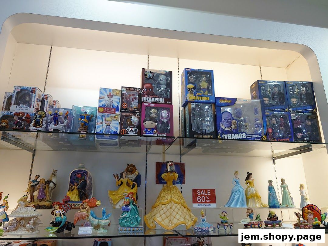 Shelves filled with collectible action figures and Disney princess figurines.