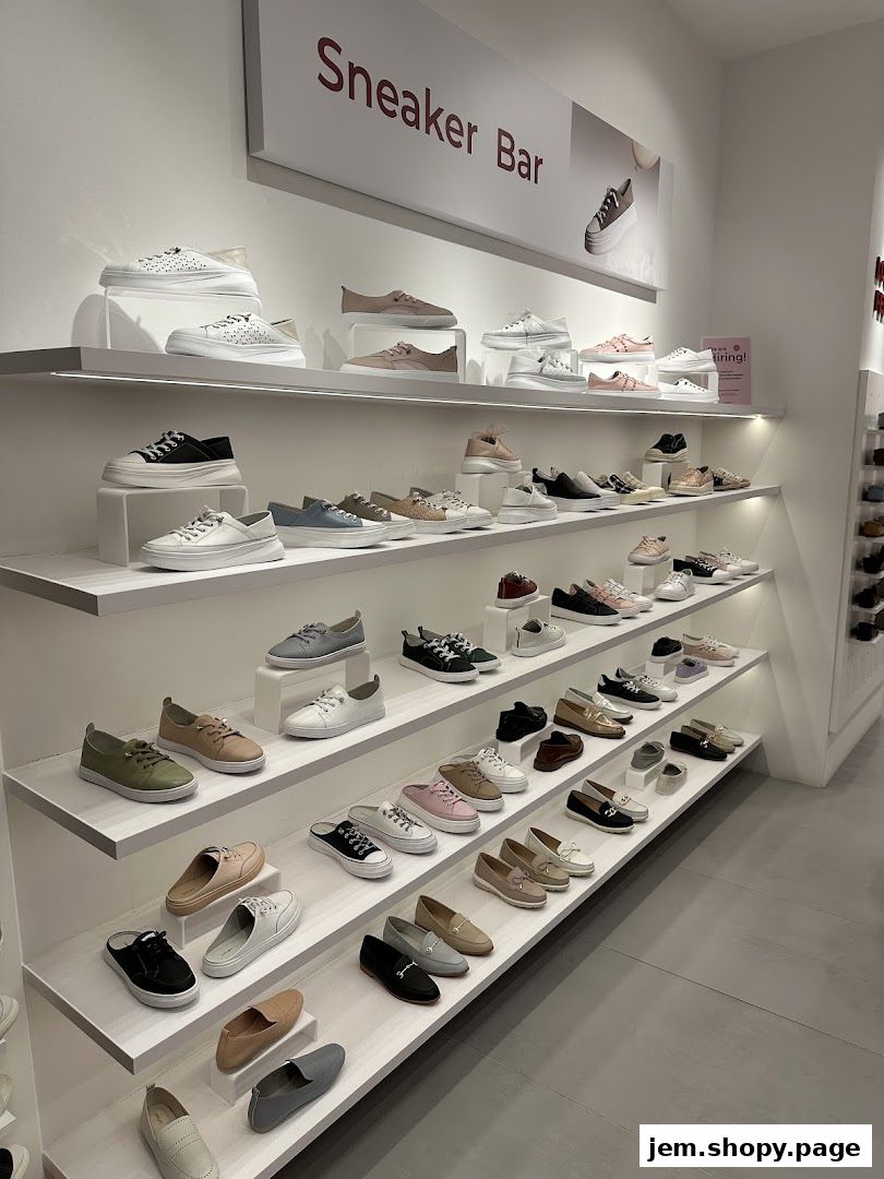 A well-lit display of various sneakers and casual shoes on shelves in a retail store.