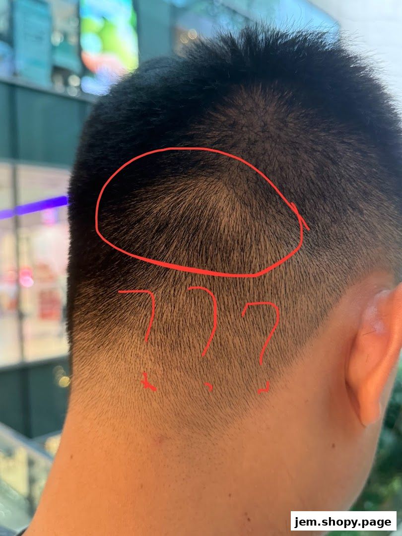 Close-up of a person's head with red circles and question marks highlighting hair areas.