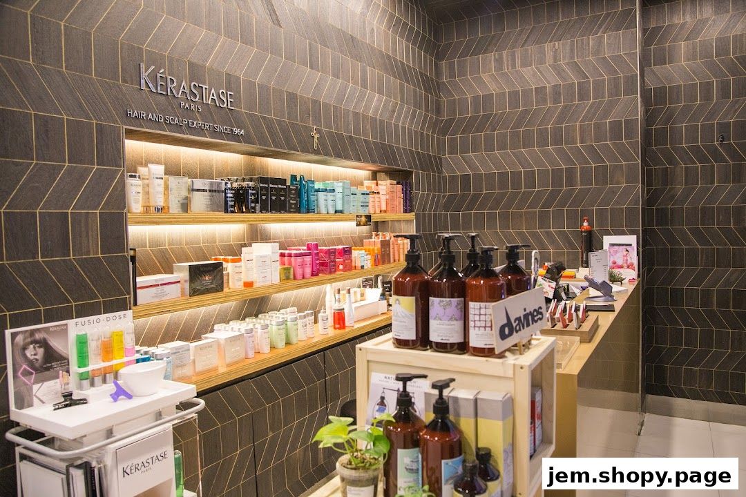Interior of a hair salon with shelves stocked with hair care products and a counter.