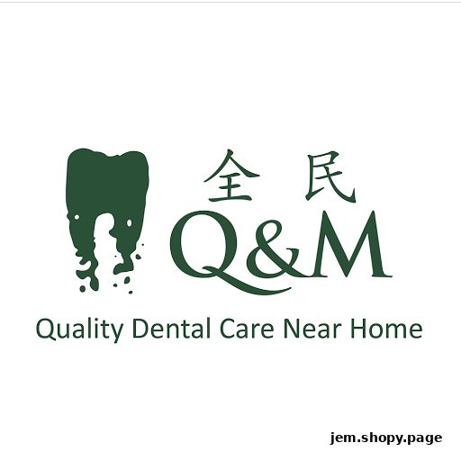 Logo for Q&M Dental Centre with a tooth graphic and slogan.