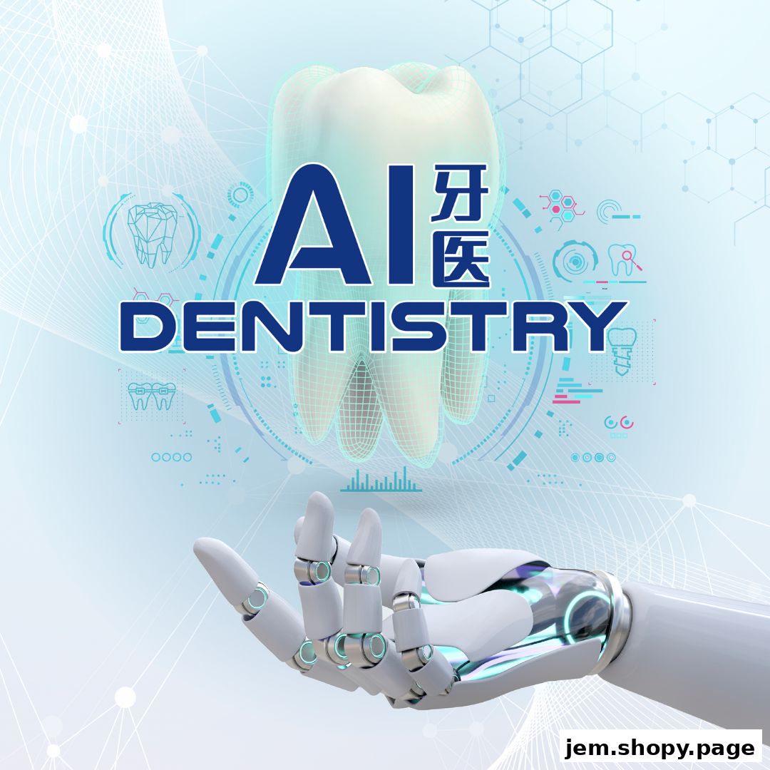 AI Dentistry concept with a robotic hand holding a tooth graphic.
