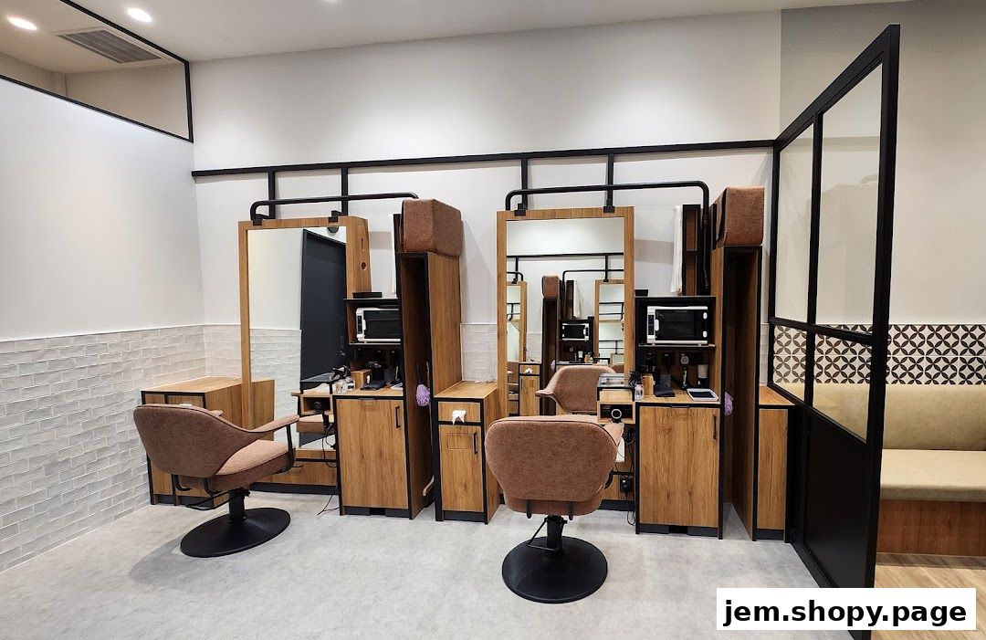 Interior view of a modern hair salon with styling chairs and mirrors.