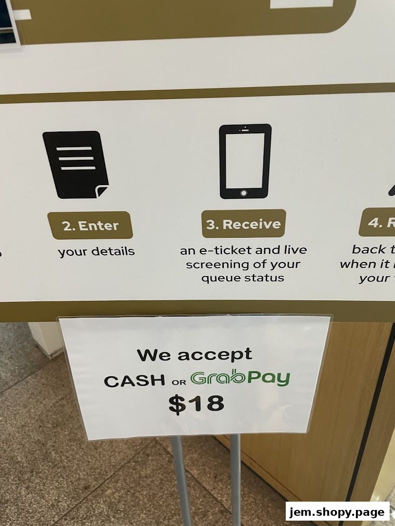 Signage indicating payment methods and a price of $18.