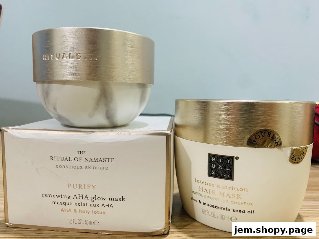 Rituals skincare and hair mask products displayed on a wooden surface.