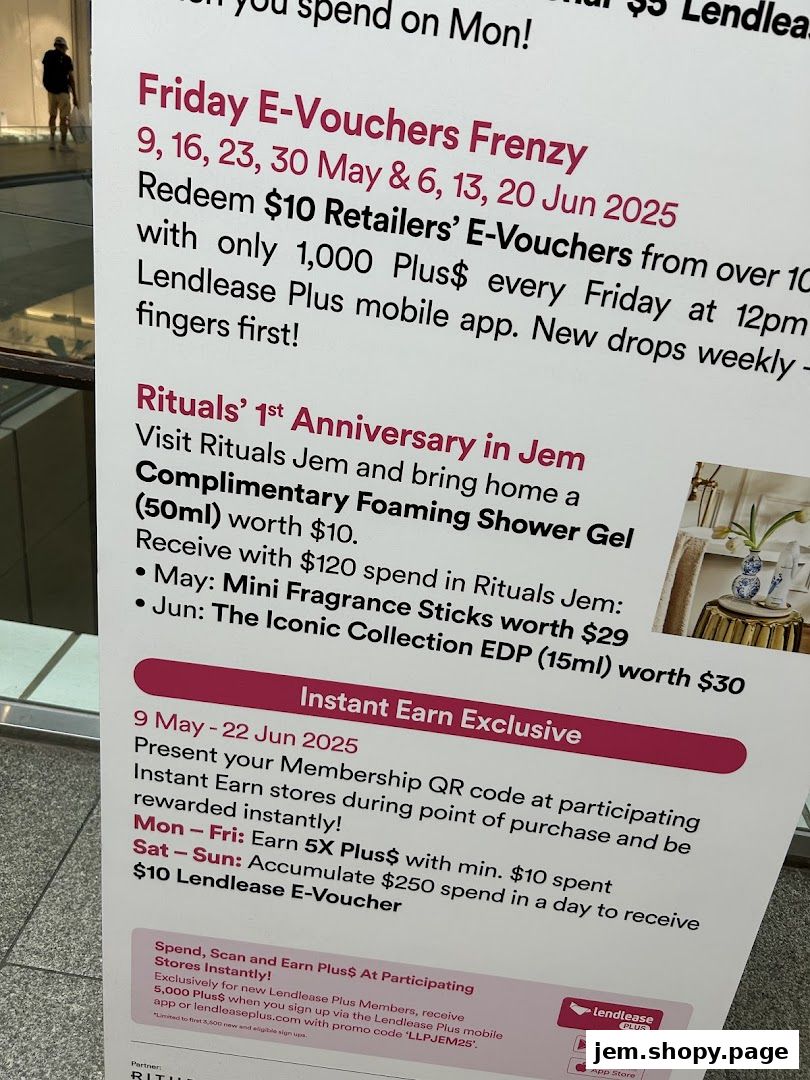 Promotional poster for Rituals Jem's 1st anniversary and Lendlease Plus offers.