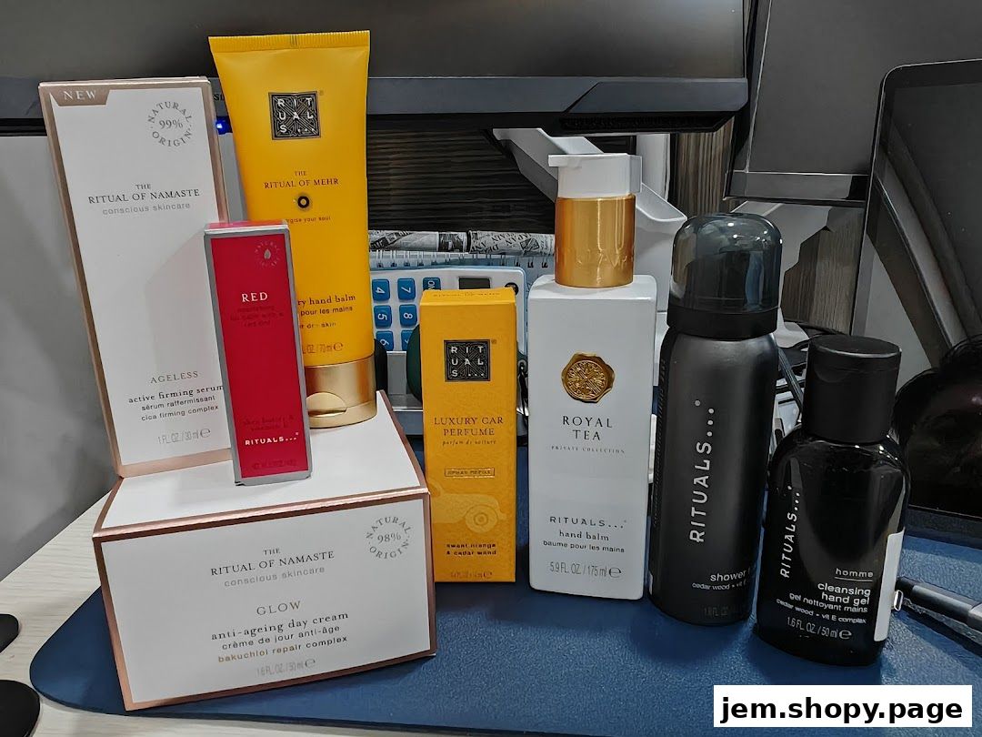 A collection of Rituals skincare and personal care products displayed on a desk.