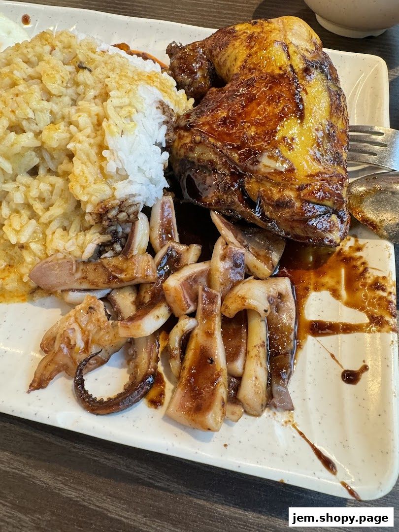 A plate of grilled chicken, calamari, and rice with a savory sauce.
