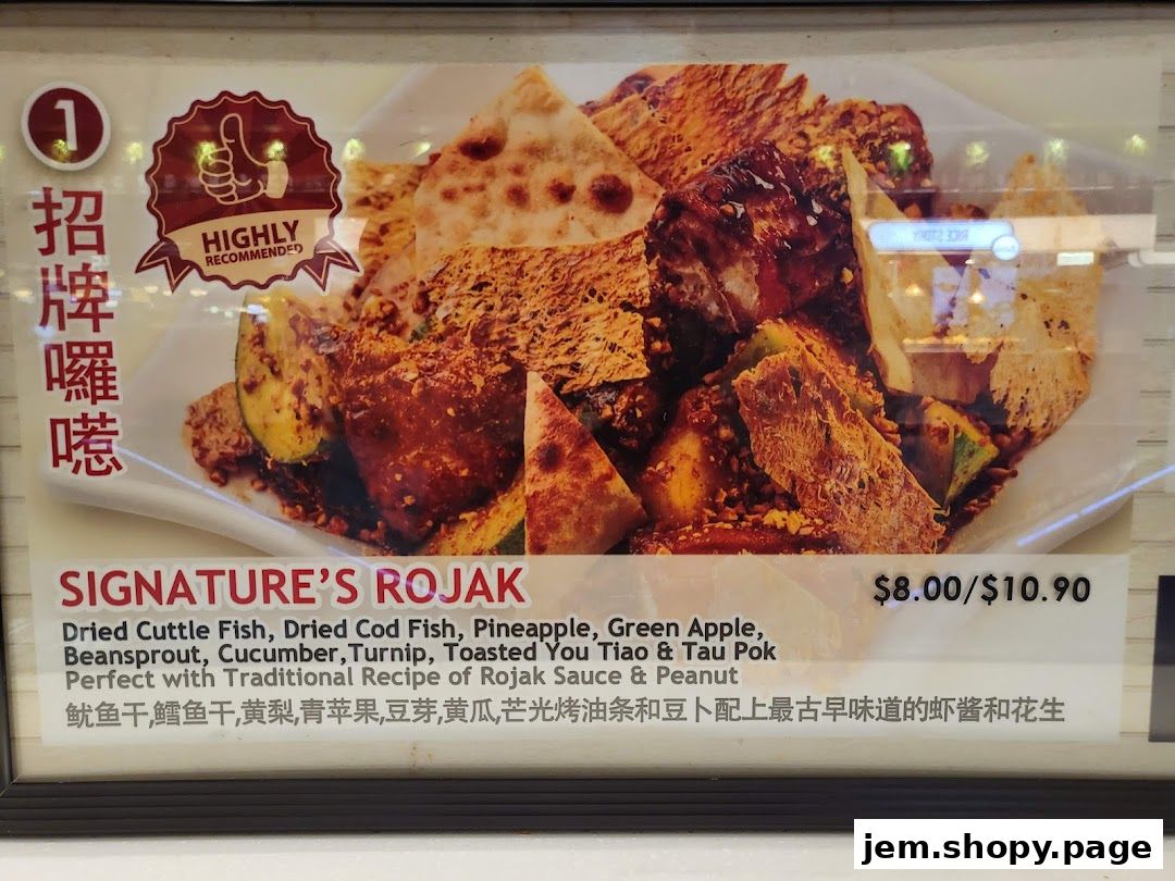 A close-up of a 'Signature Rojak' dish with various ingredients and prices.