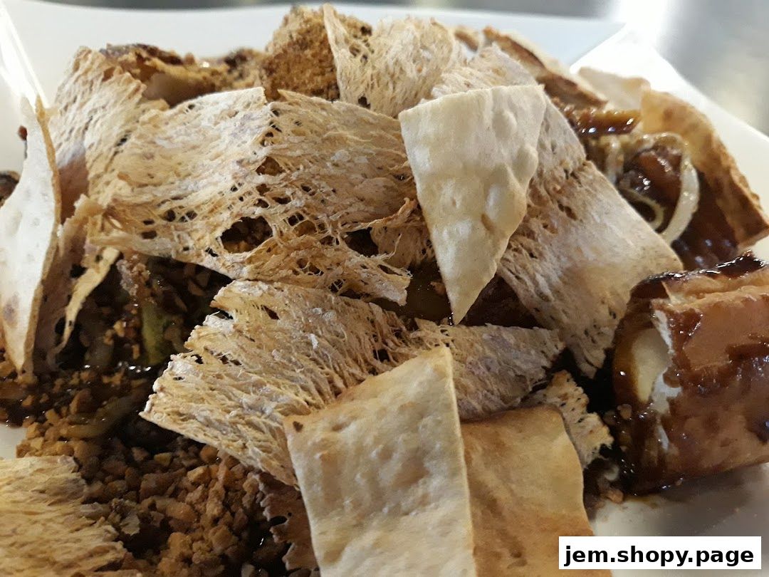 A close-up of a delicious dish with crispy toppings and a rich sauce.