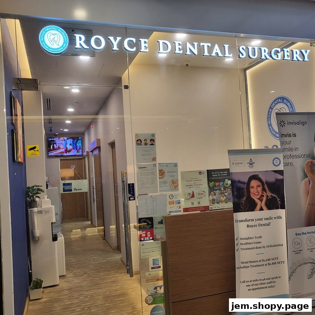 The entrance to Royce Dental Surgery, featuring its name, services, and promotional banners.