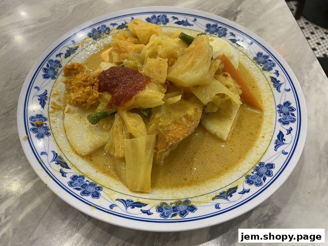 A plate of Lontong, a traditional Indonesian dish, served with curry and sambal.