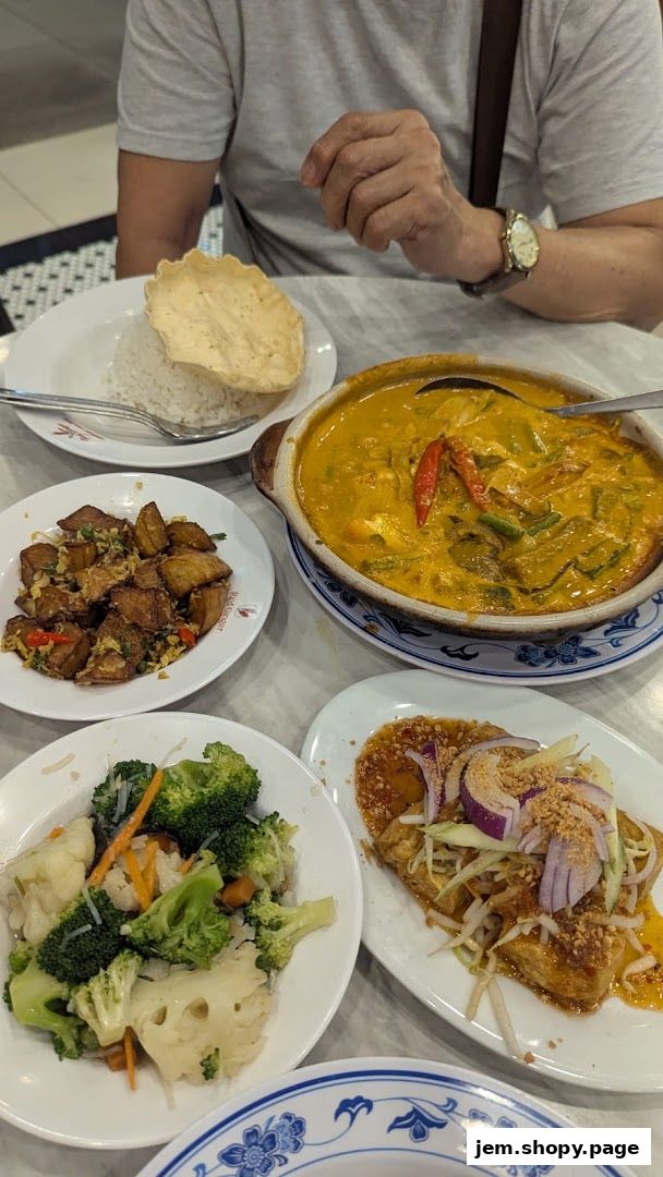 A table laden with various delicious dishes, including rice, curry, vegetables, and fried tofu.
