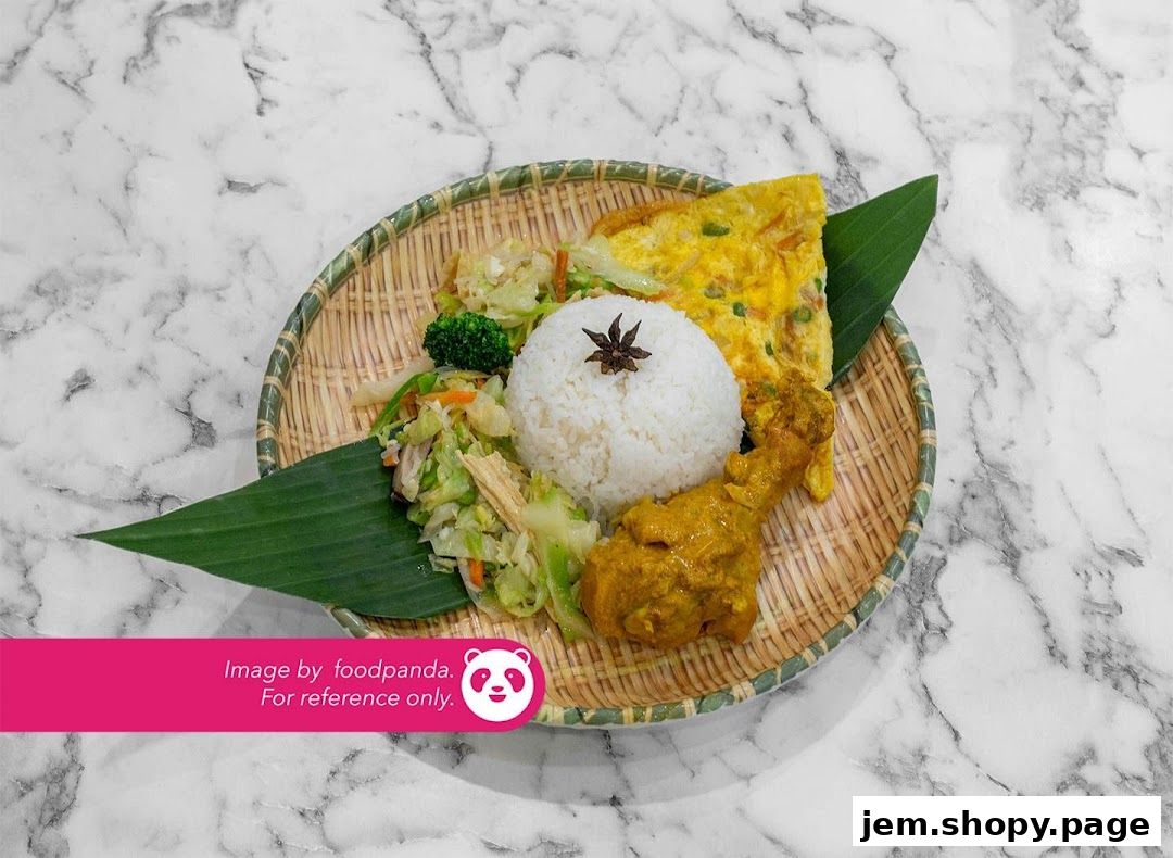 A plate of rice with chicken, omelette, and vegetables served on a woven mat.
