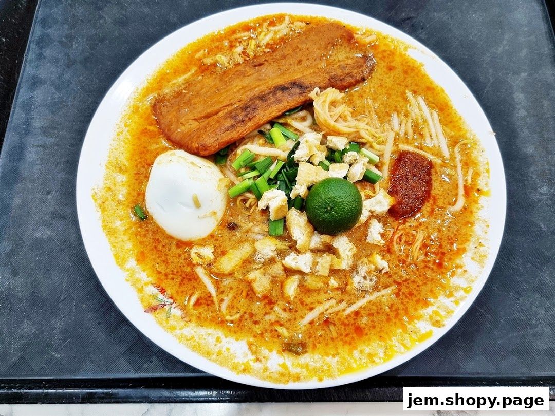 A close-up shot of a delicious bowl of curry noodles with egg, tofu, and a slice of meat.