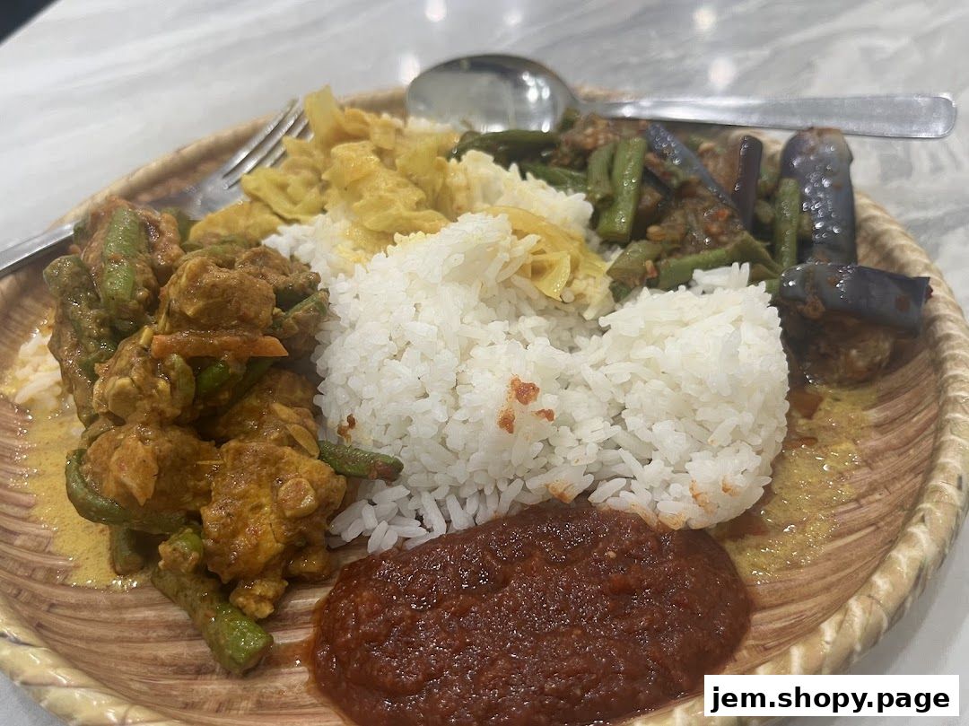 A plate of rice with various side dishes including curry chicken, vegetables, and sambal.