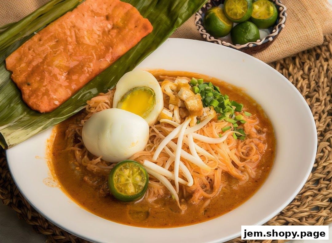 A bowl of delicious laksa with noodles, egg, bean sprouts, and a side of crackers.