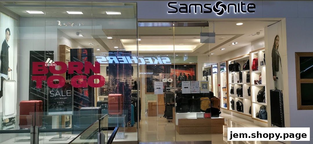 Samsonite store entrance with luggage displays and sale signage.