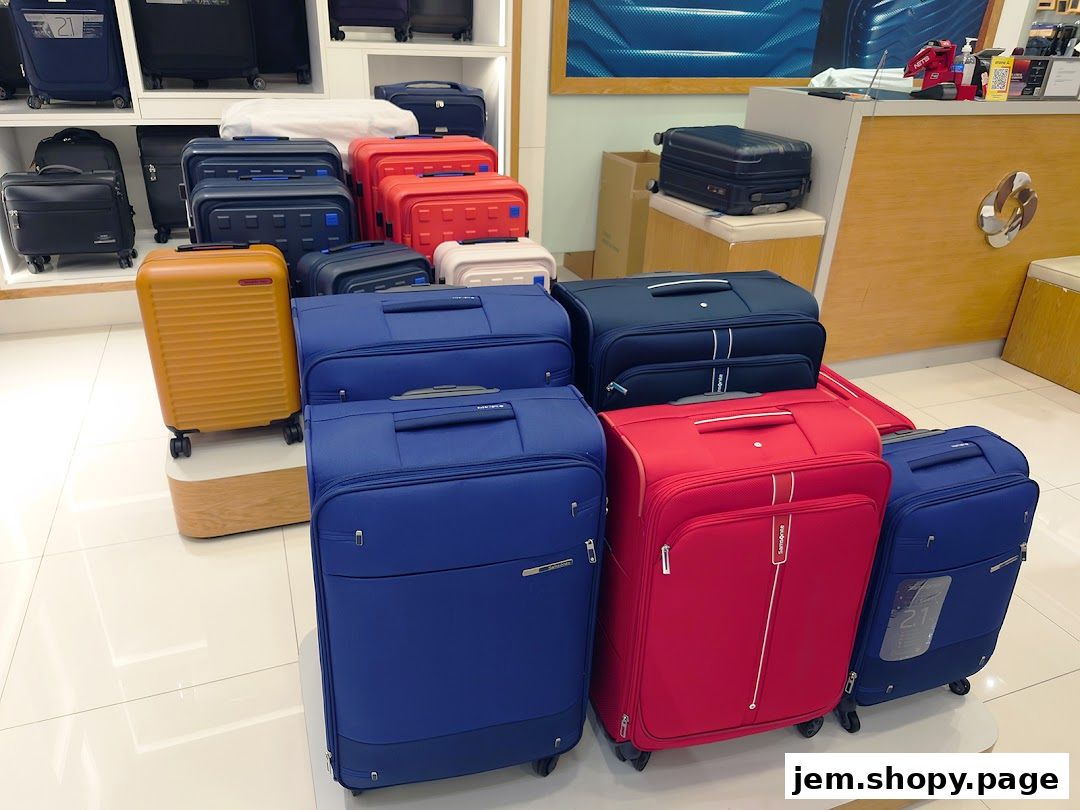 A display of various Samsonite suitcases in different colors and sizes.