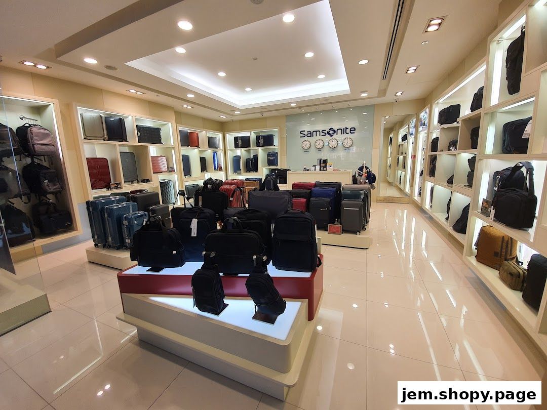 Interior view of a Samsonite store showcasing a wide selection of luggage and bags.