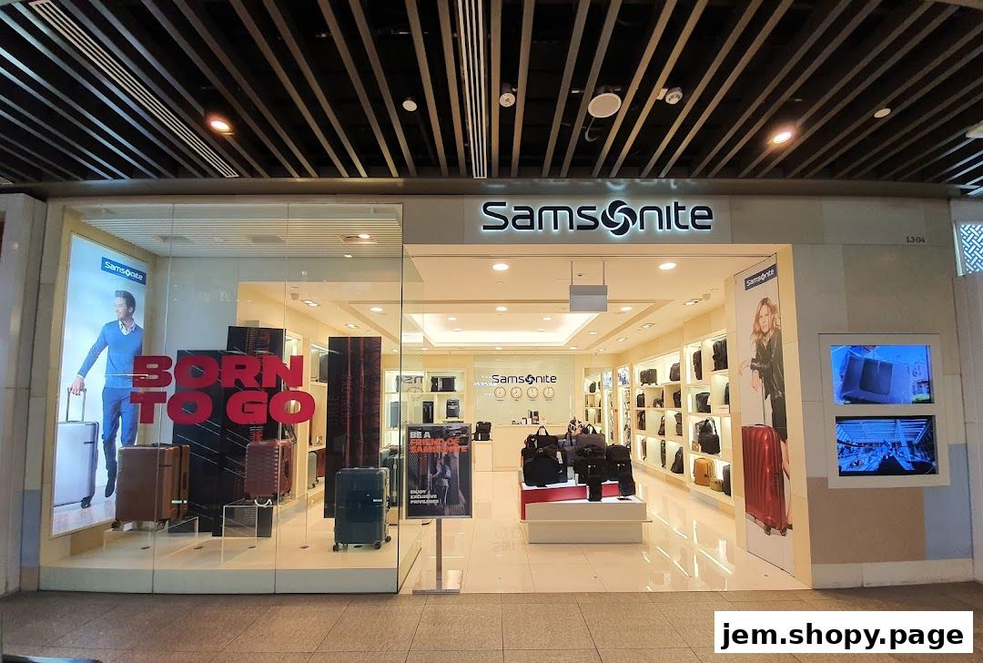 The exterior of a Samsonite store showcasing luggage and travel bags.