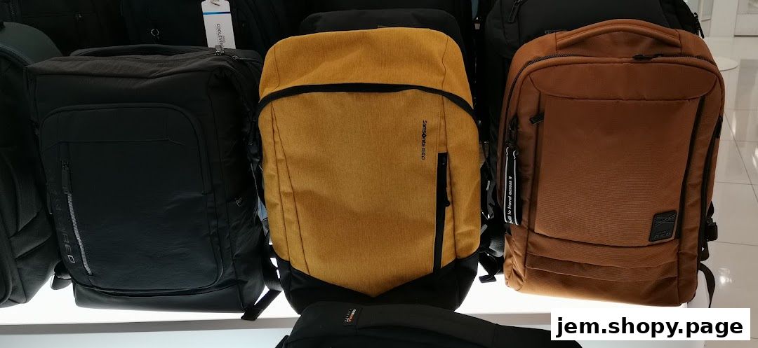 A display of various Samsonite backpacks in different colors and styles.